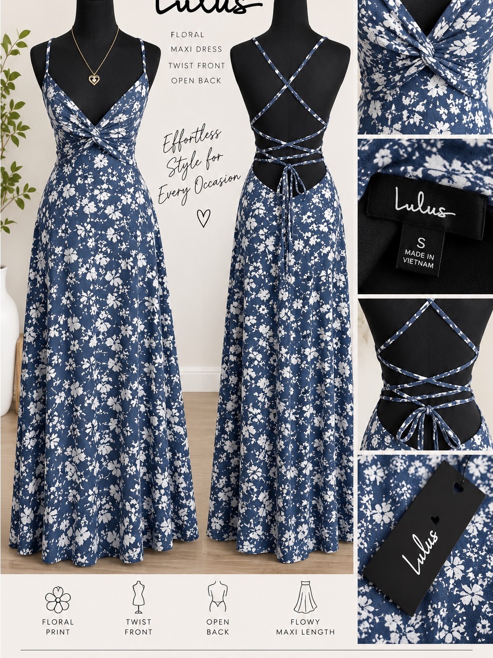 Lulus Blue & White Floral Twist-Front Backless Maxi Dress – NWT